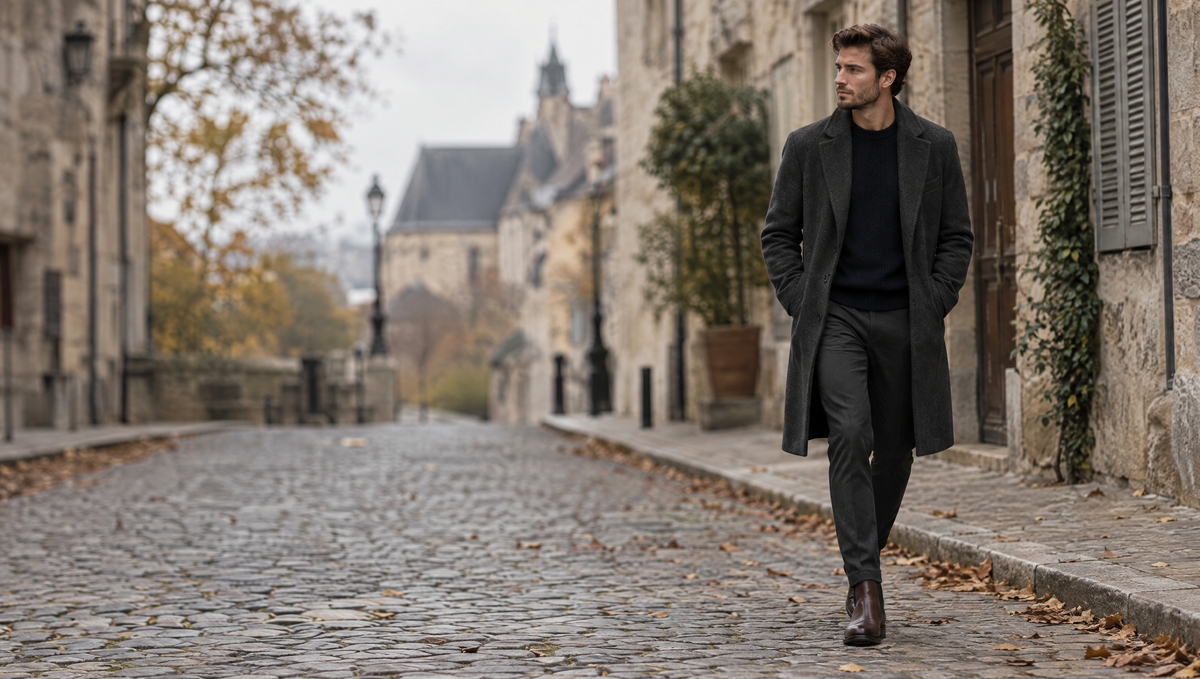 Man in a charcoal overcoat and brown Chelsea boots on an autumn street