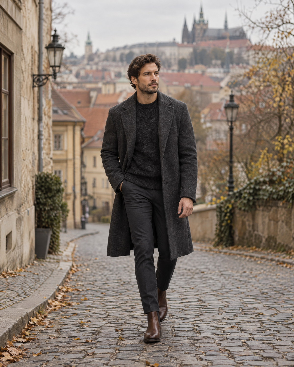 Man in a charcoal overcoat walking on a cobblestone street