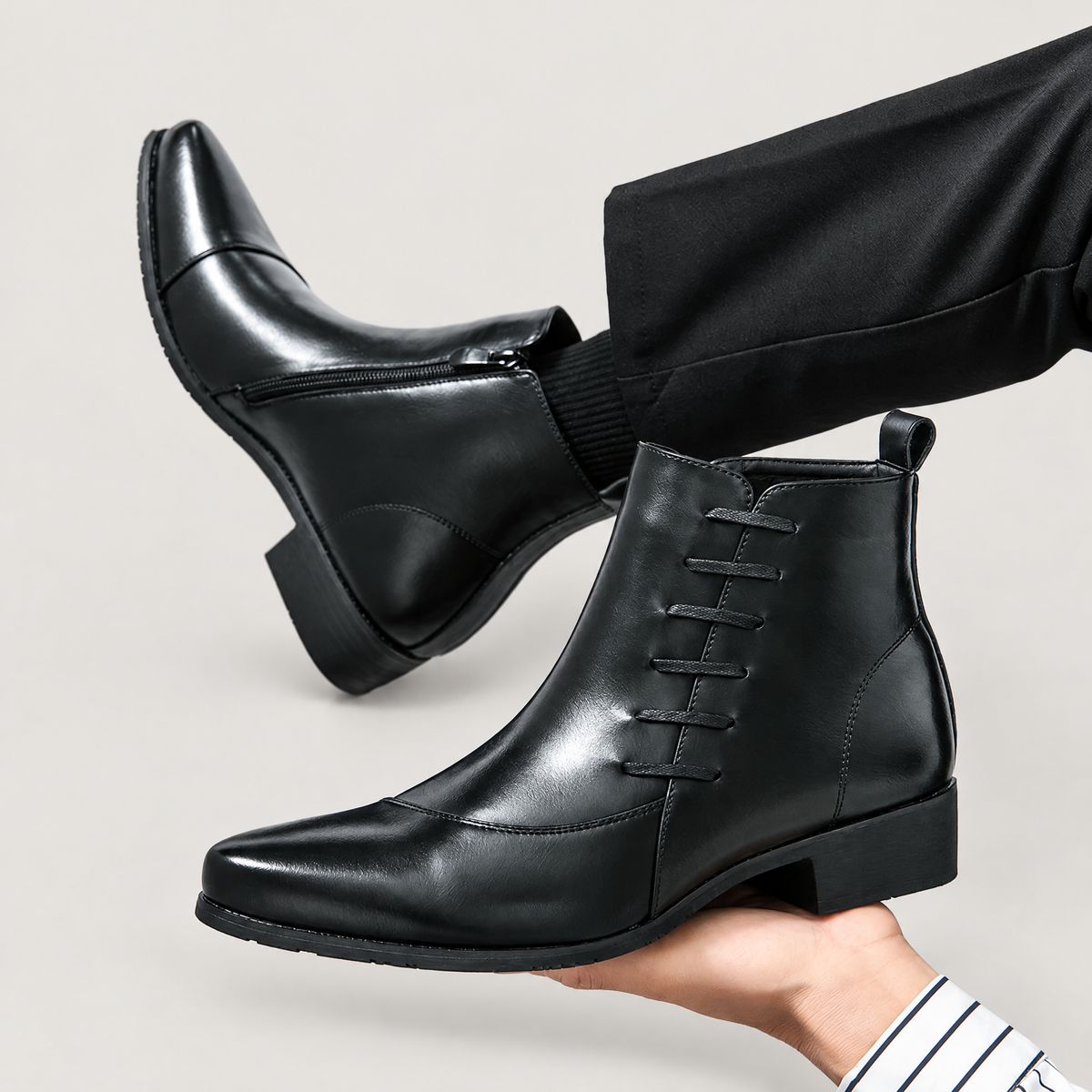 Men's pointed toe patent dress boots
