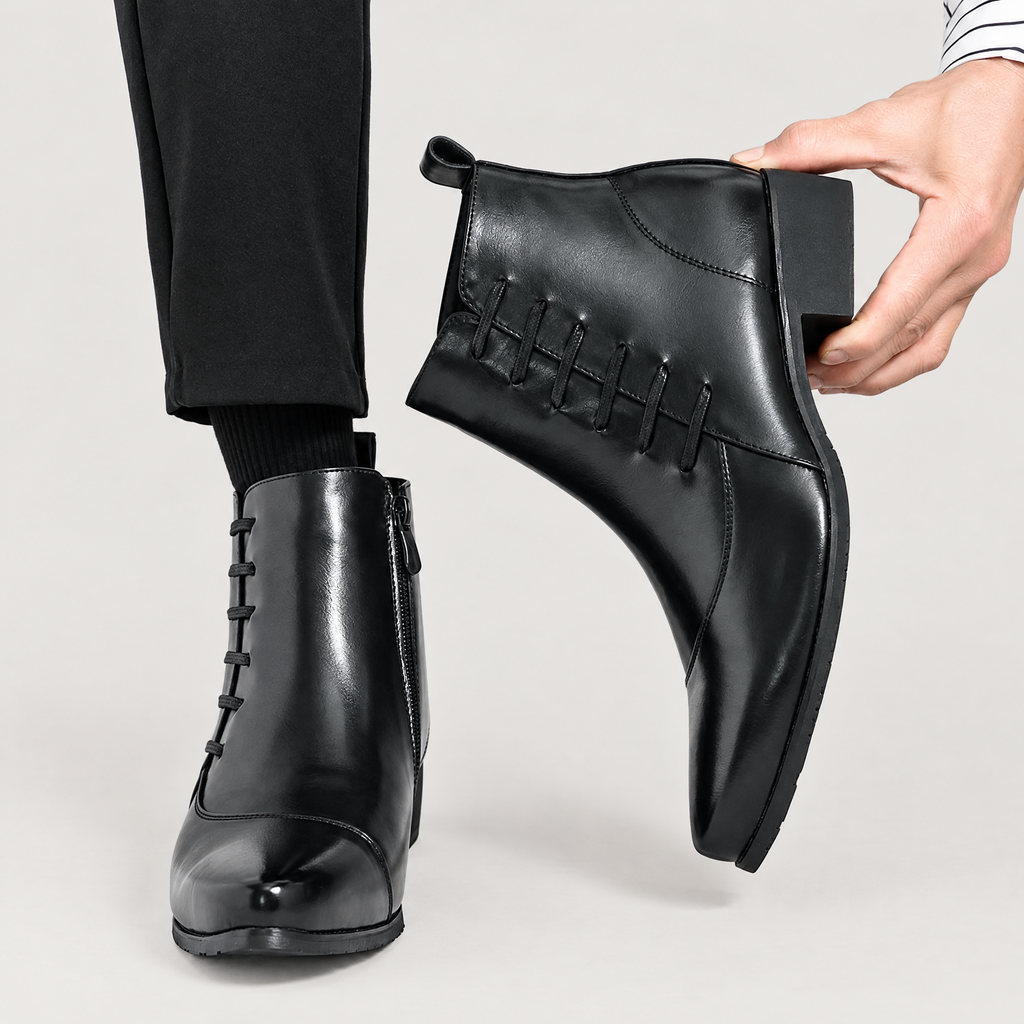 Men's pointed toe patent dress boots