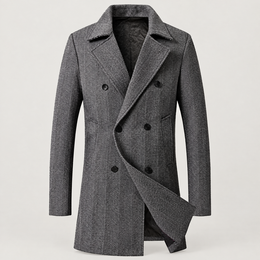 Men's Double-Breasted Herringbone Coat – Dark Grey | Wide Lapel Peacoat-Style Overcoat