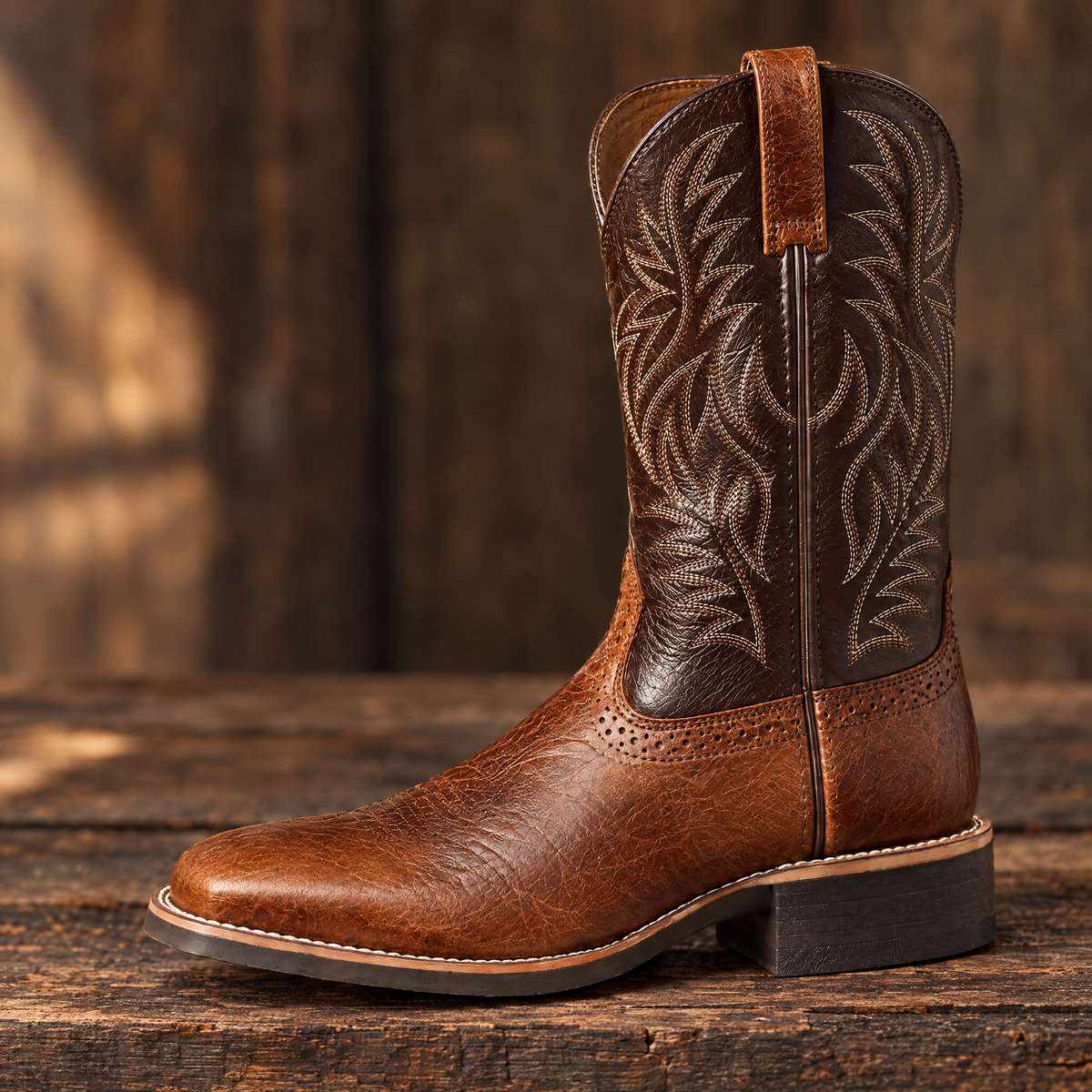 Men's square toe western boots – Brown – toe and shaft stitching detail