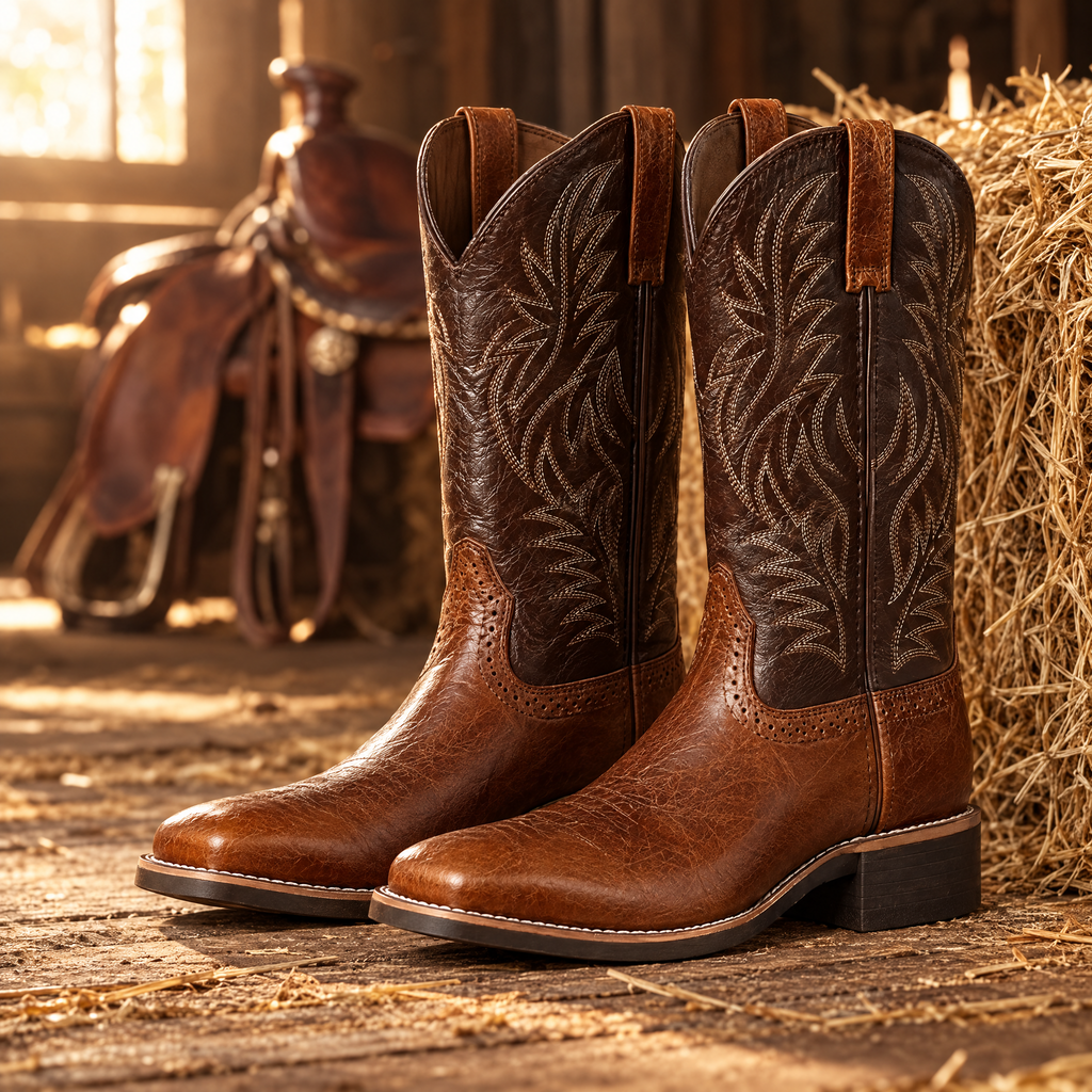 Men's square toe western boots – Brown – in a barn