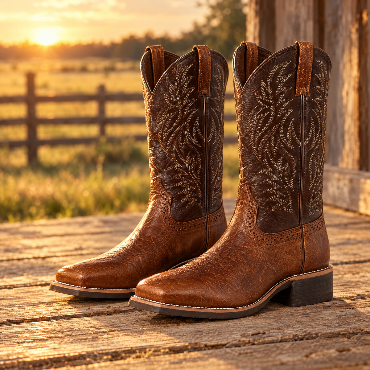Men's square toe western boots – Brown – on a ranch porch