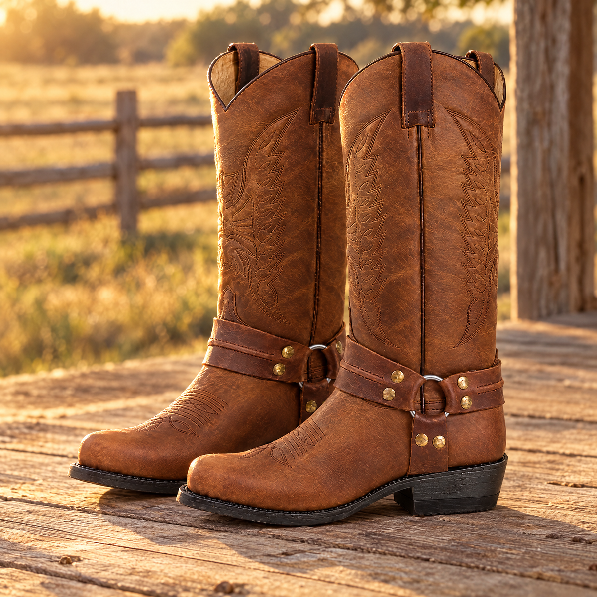Men's harness cowboy boots – Brown – on a ranch porch