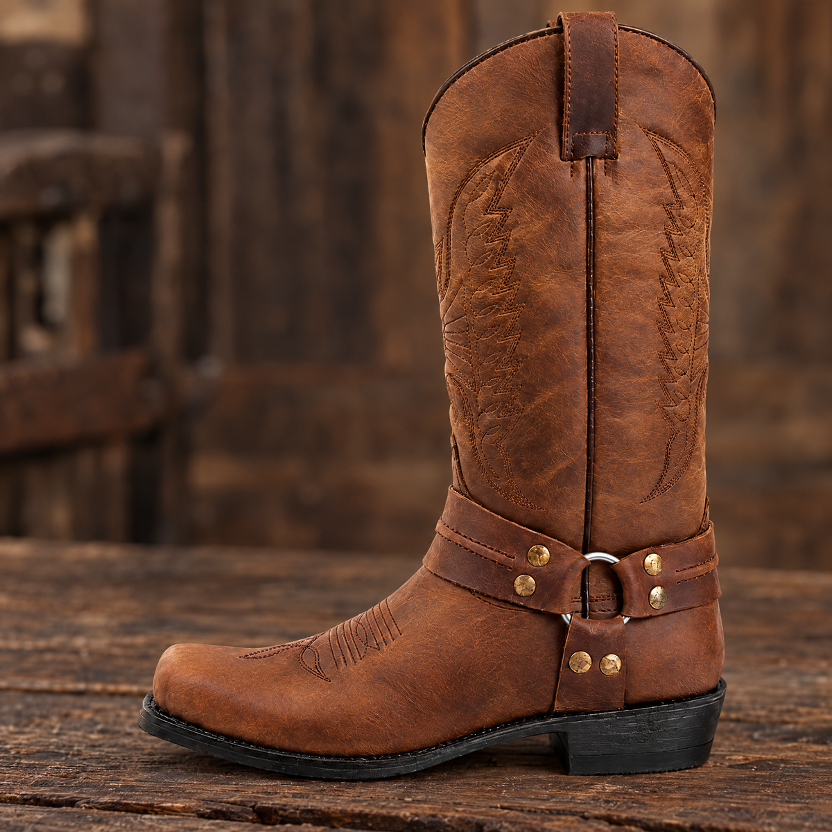 Men's harness cowboy boots – Brown – harness ring and studs detail