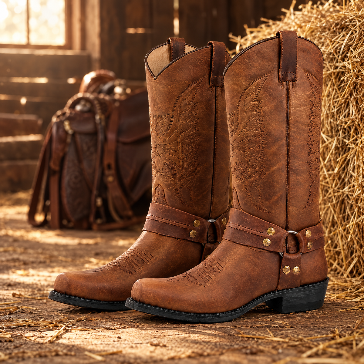 Men's harness cowboy boots – Brown – in a barn