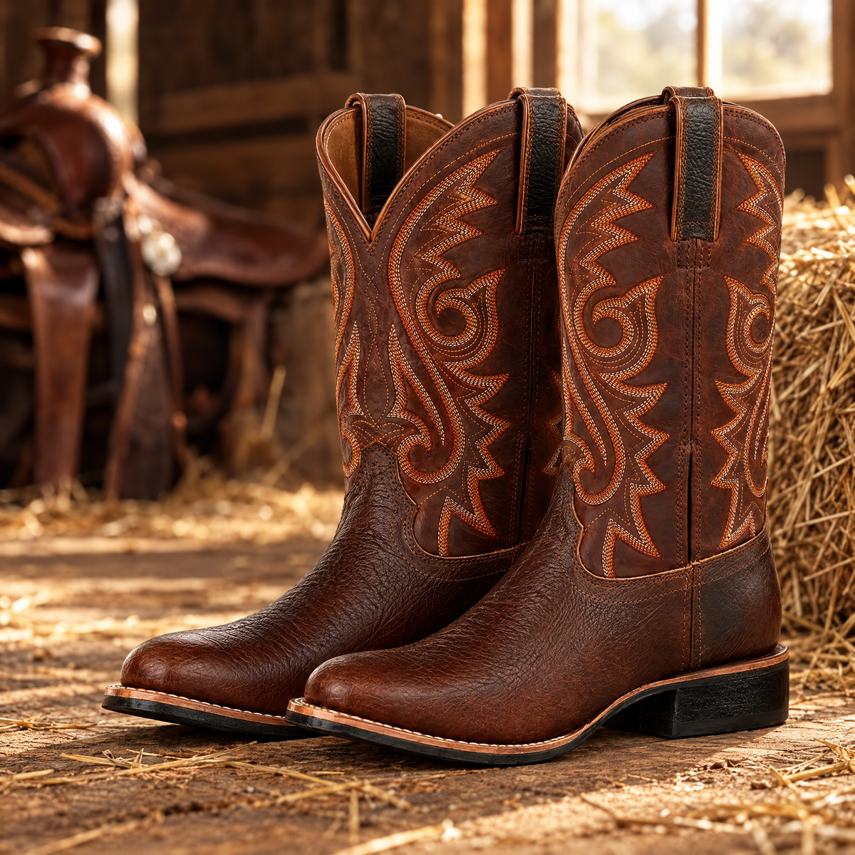 Men's embroidered cowboy boots – Brown – in a barn