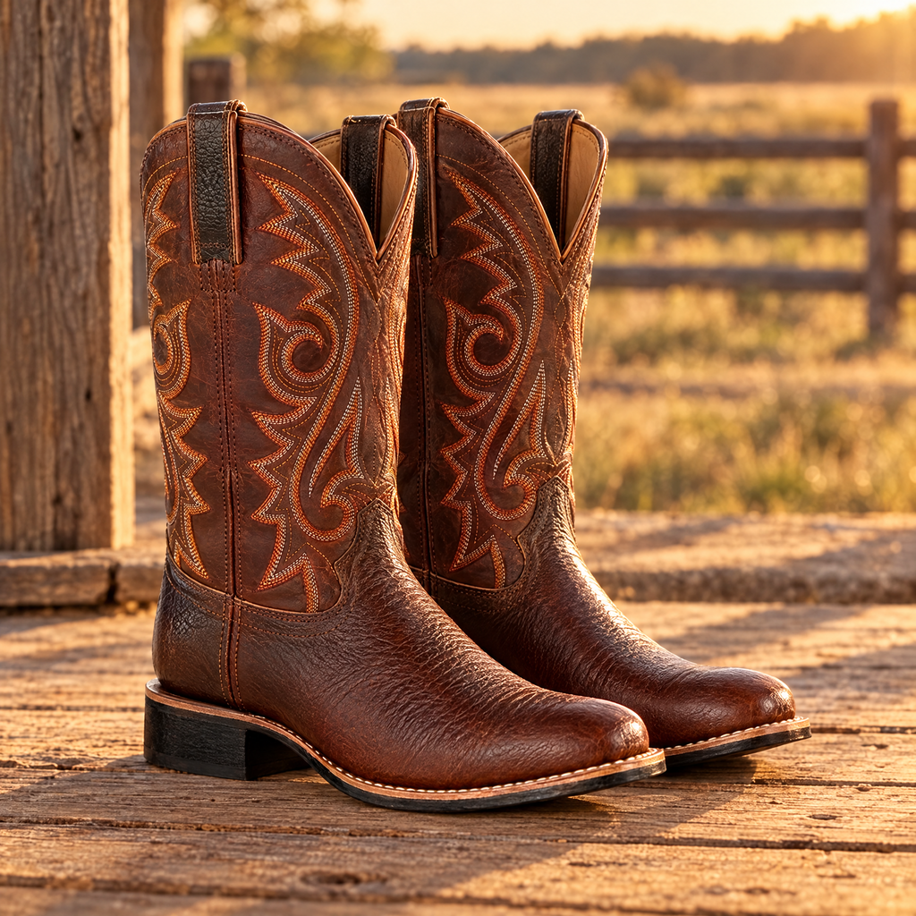 Men's embroidered cowboy boots – Brown – on a ranch porch